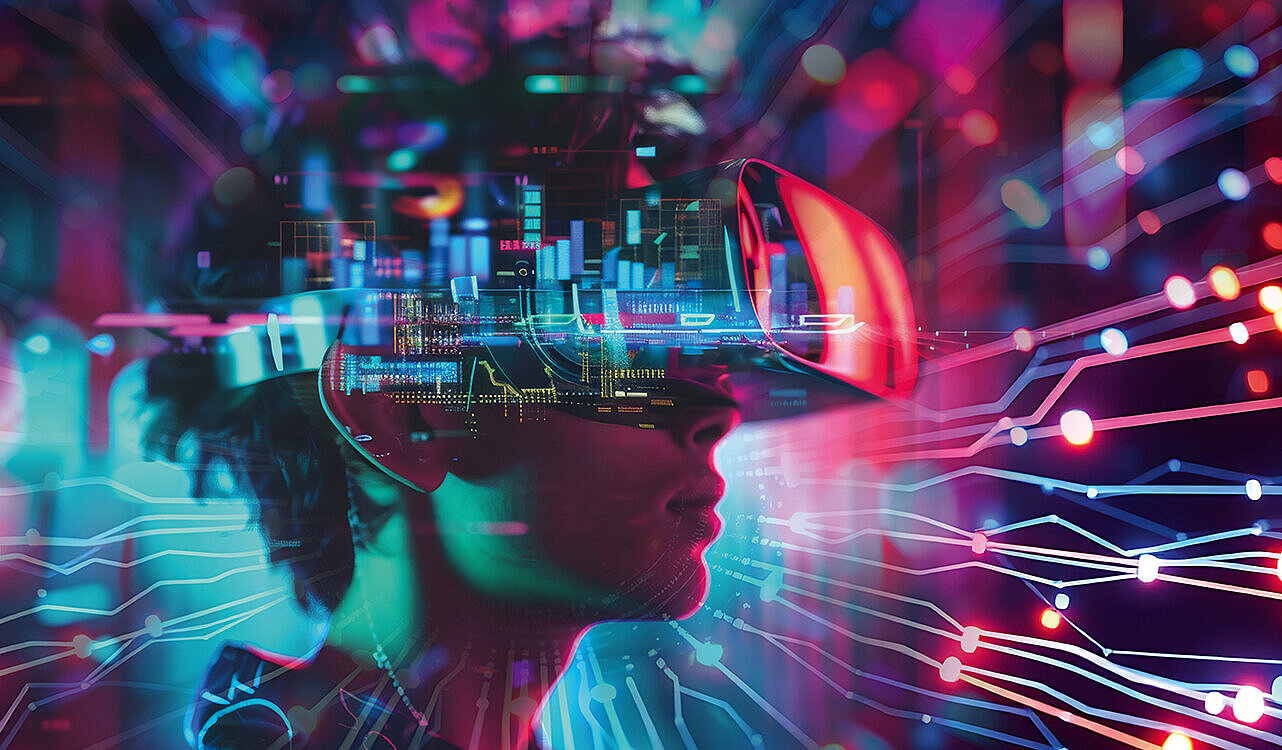 Futuristische Darstellung einer Person mit VR-Brille IT-Netzwerktreffen Rhein-Main