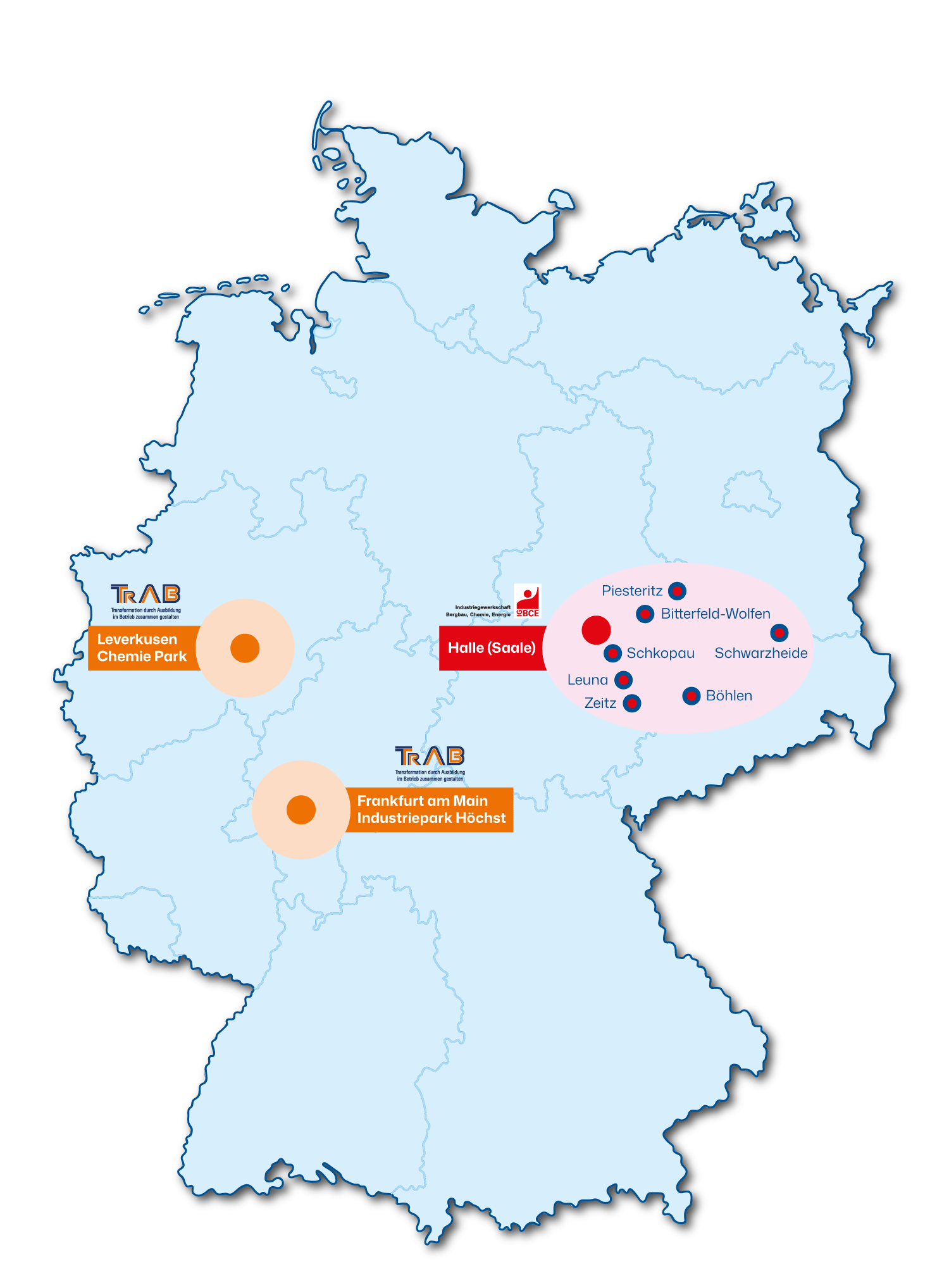 Deutschlandkarte: Transformation durch Ausbildung im Betrieb zusammen gestalten