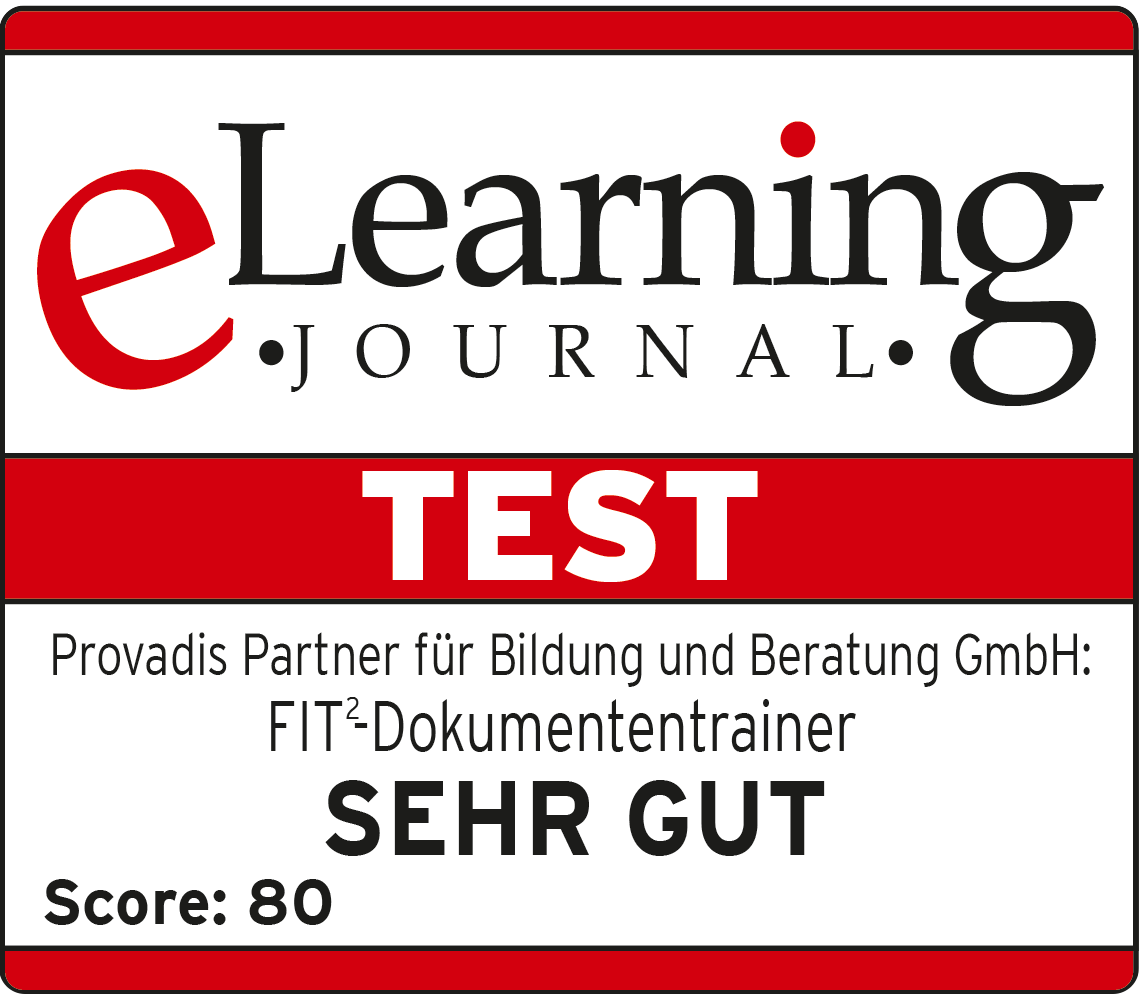 Auszeichnung für FIT²-Dokumententrainer von Provadis eLearning Journal Testauszeichnung